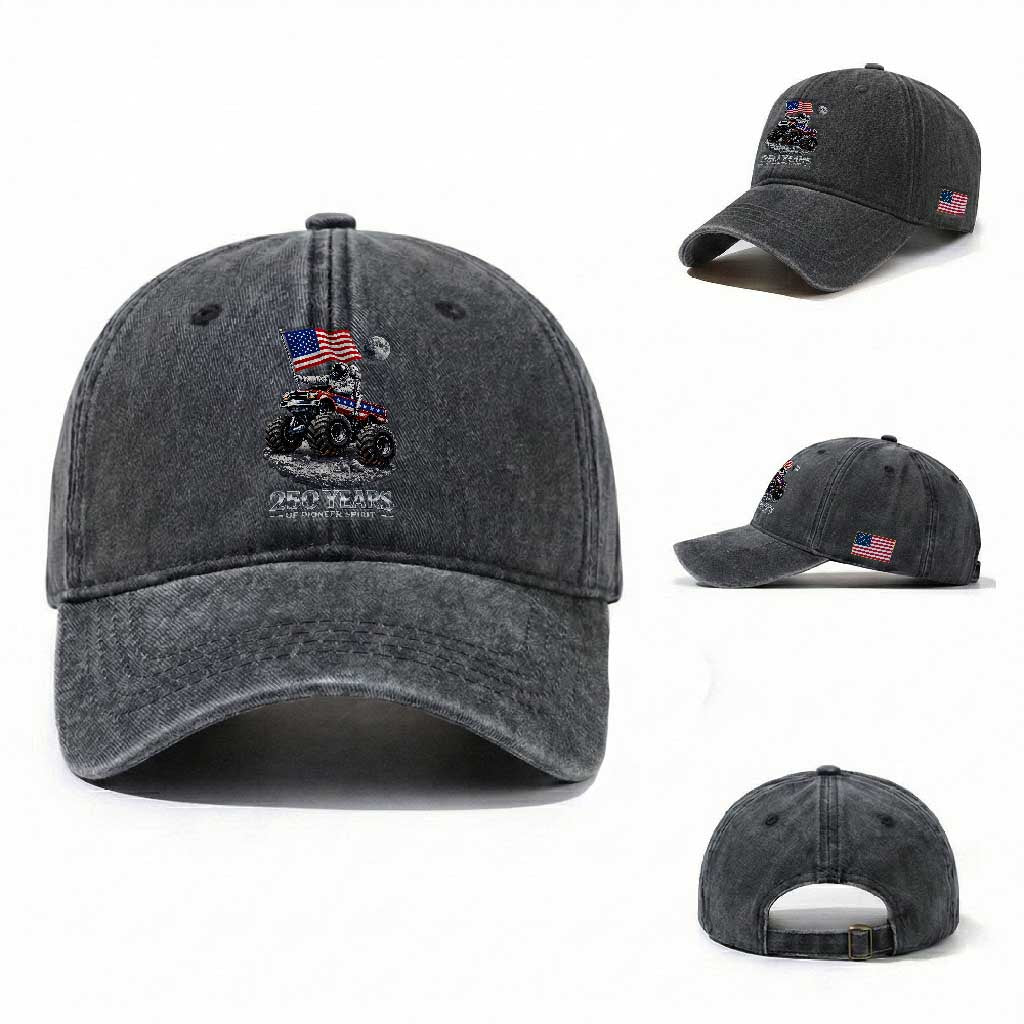 Astronaut 250 Years Of Pioneer Spirit Washed Cotton Baseball Cap USA 250th Anniversary TS12 Washed Cap Universal Fit Dark Gray Print Your Wear