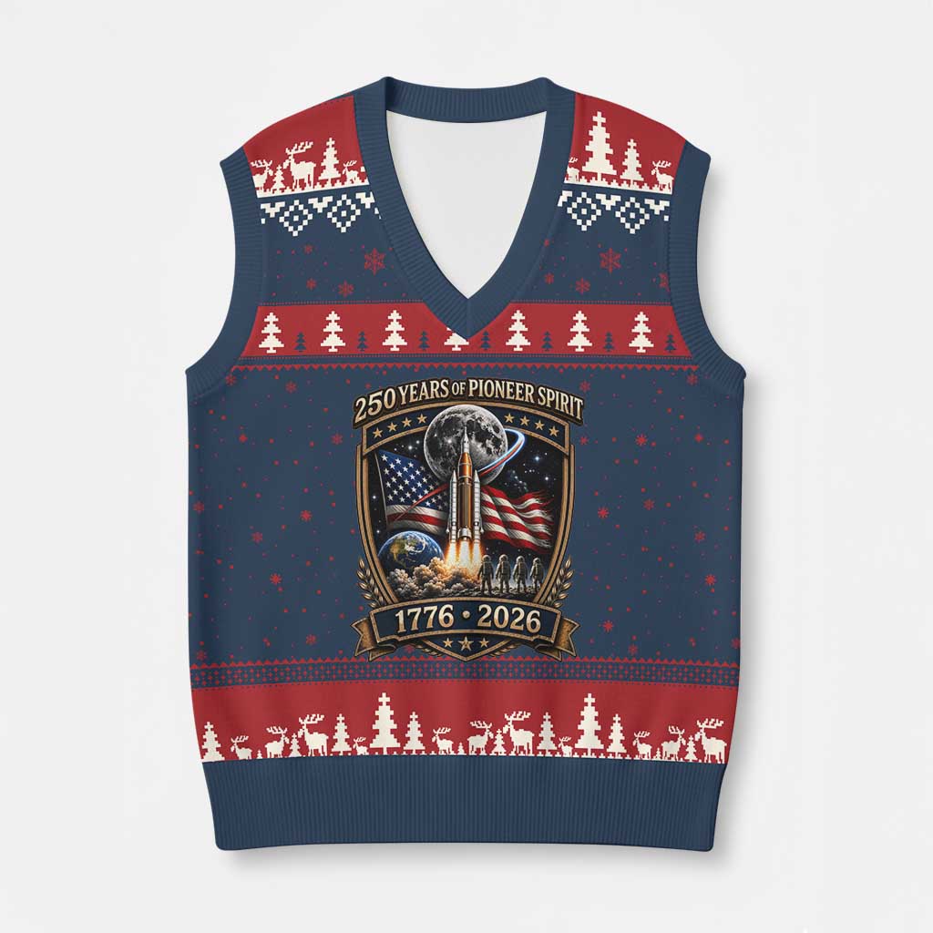 Astronaut 250 Years Of Pioneer Spirit V-Neck Knit Sweater Vest Patriotic Astronaut Graphic Gift TS12 Navy Red Print Your Wear