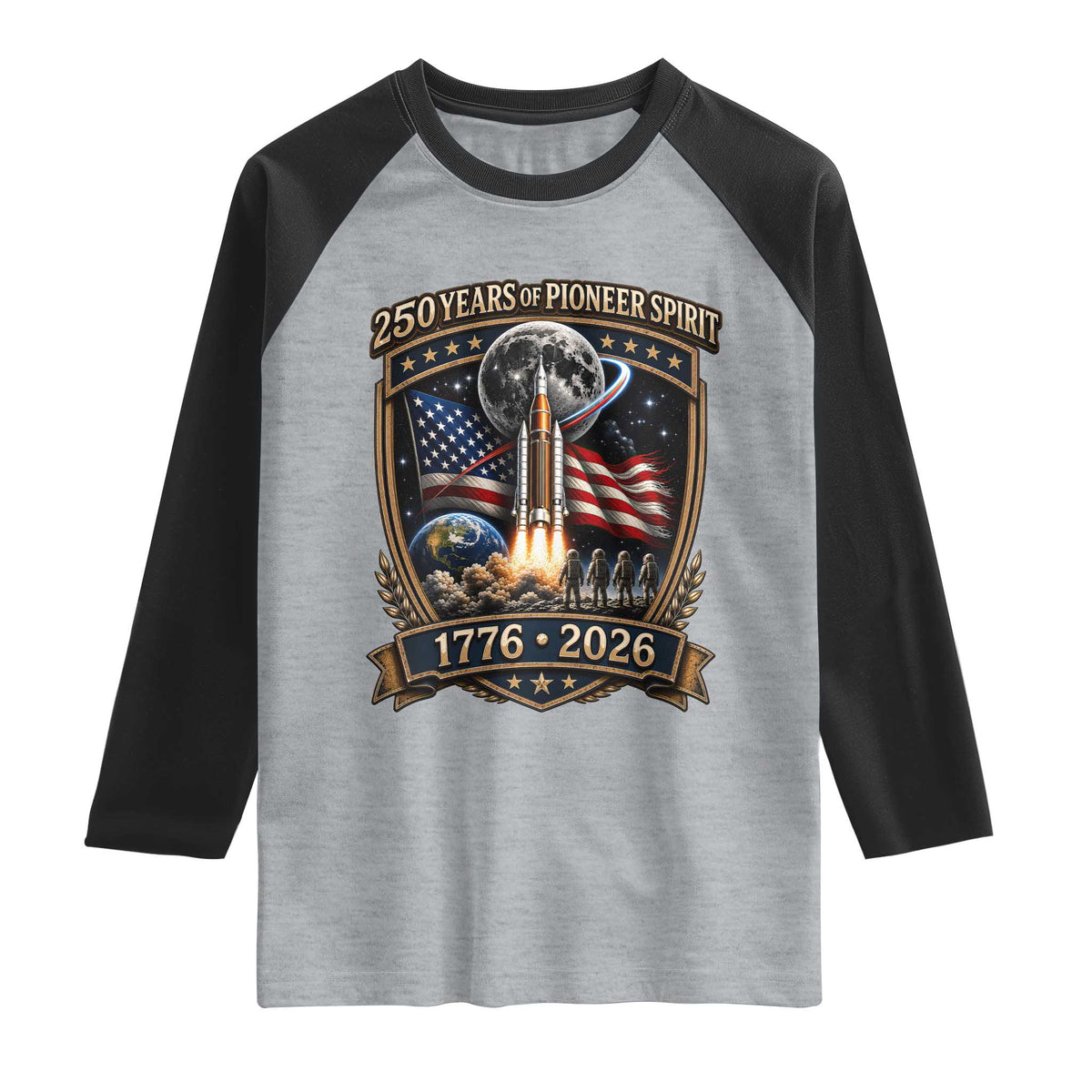 Astronaut 250 Years Of Pioneer Spirit Raglan Shirt Patriotic Astronaut Graphic Gift TS12 Heather Gray Black Print Your Wear