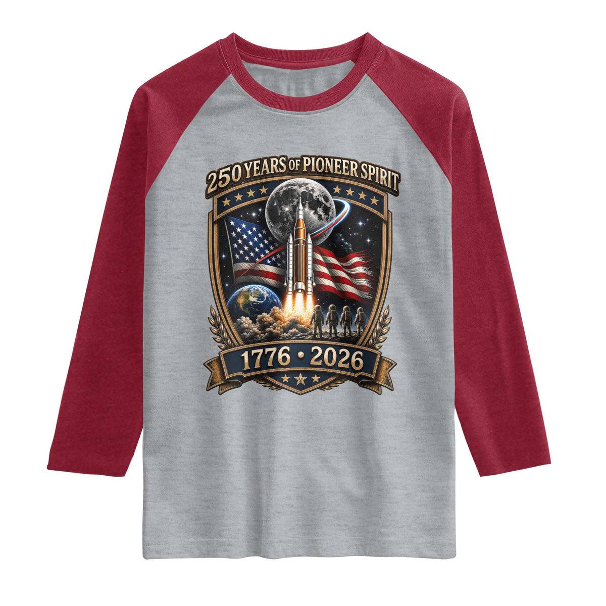 Astronaut 250 Years Of Pioneer Spirit Raglan Shirt Patriotic Astronaut Graphic Gift TS12 Heather Gray Heather Red Print Your Wear