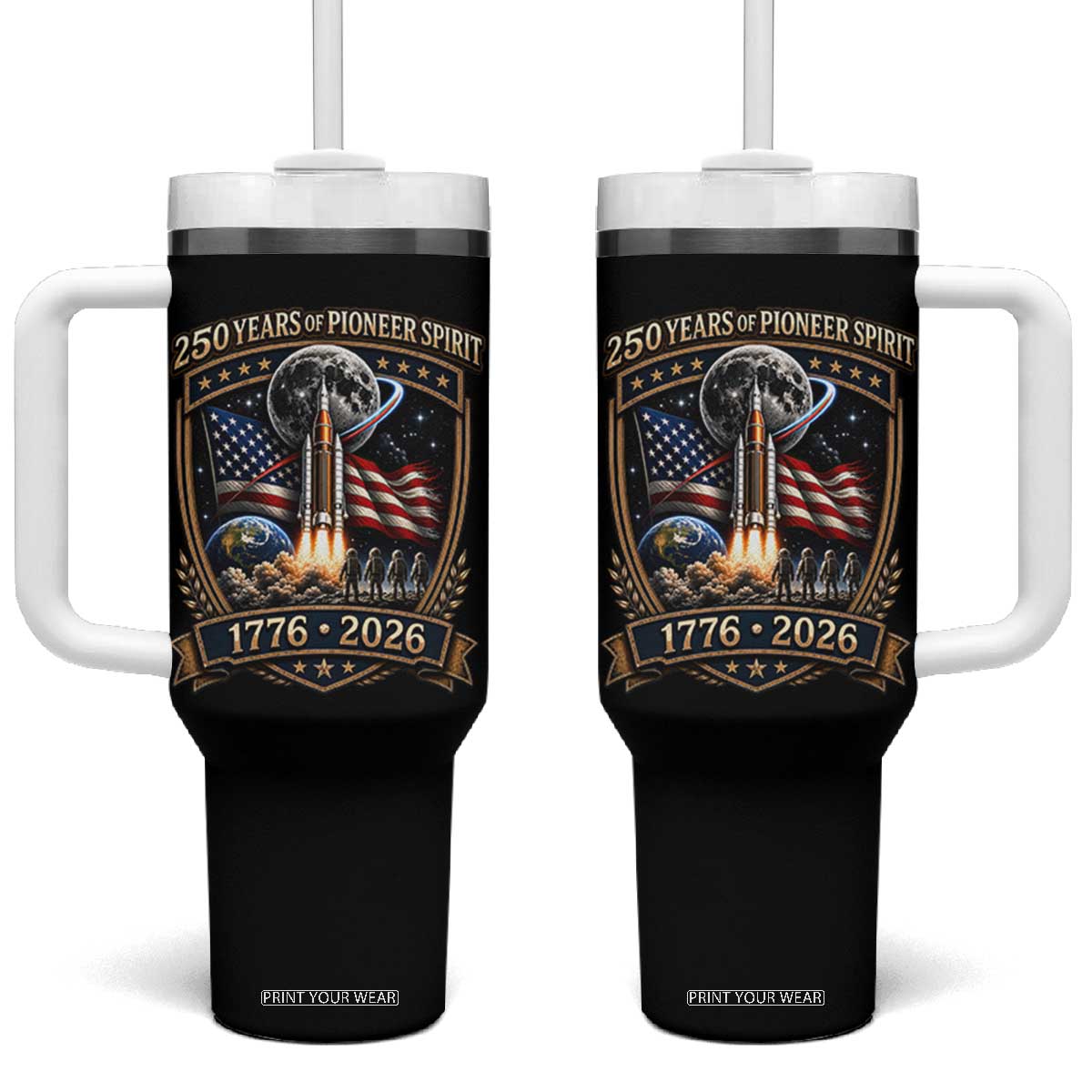 Astronaut 250 Years Of Pioneer Spirit Tumbler With Handle Patriotic Astronaut Graphic Gift TS12 One Size: 40 oz Black Print Your Wear