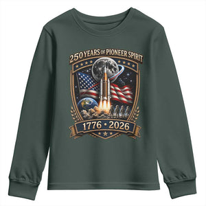 Astronaut 250 Years Of Pioneer Spirit Youth Sweatshirt Patriotic Astronaut Graphic Gift TS12 Dark Forest Green Print Your Wear