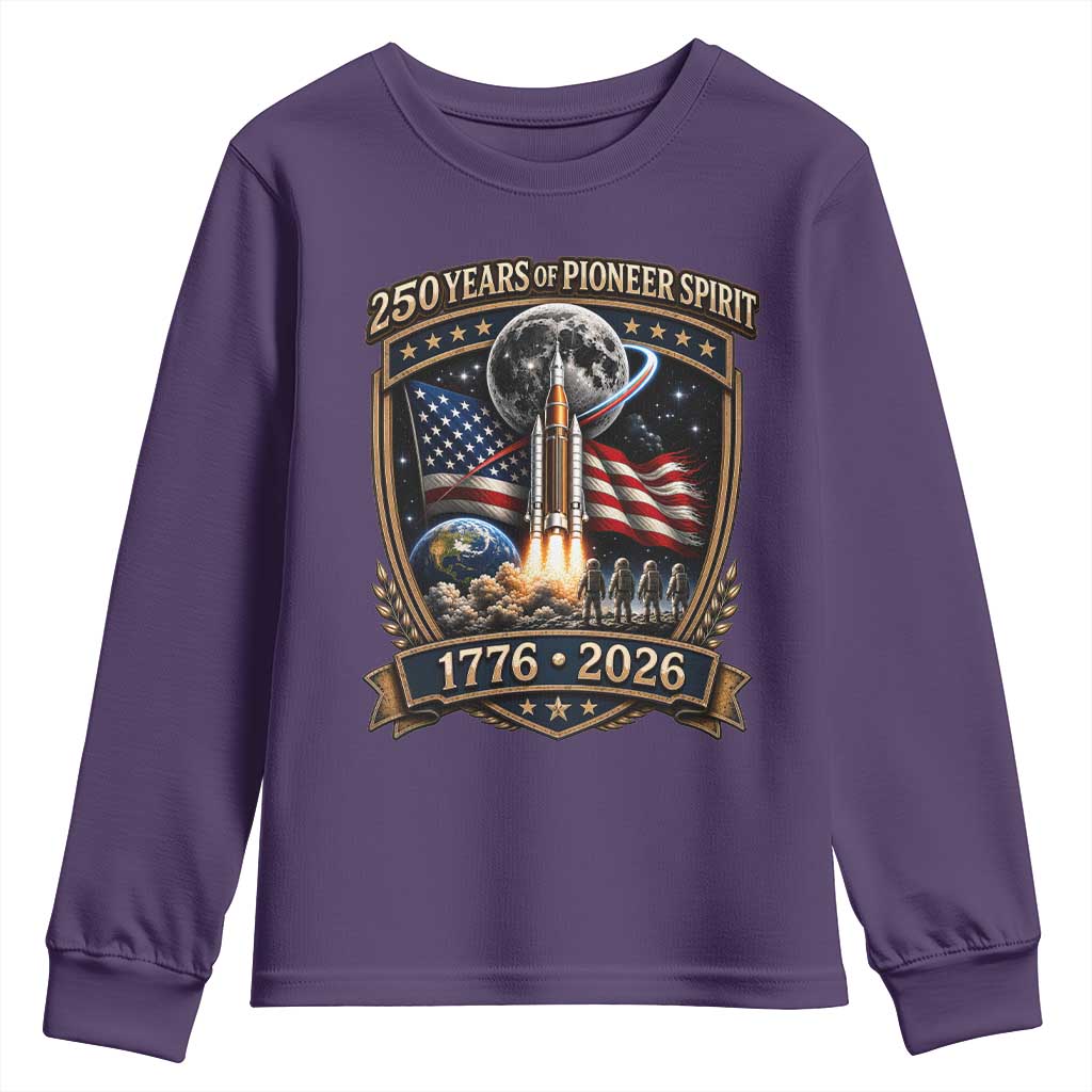 Astronaut 250 Years Of Pioneer Spirit Youth Sweatshirt Patriotic Astronaut Graphic Gift TS12 Purple Print Your Wear
