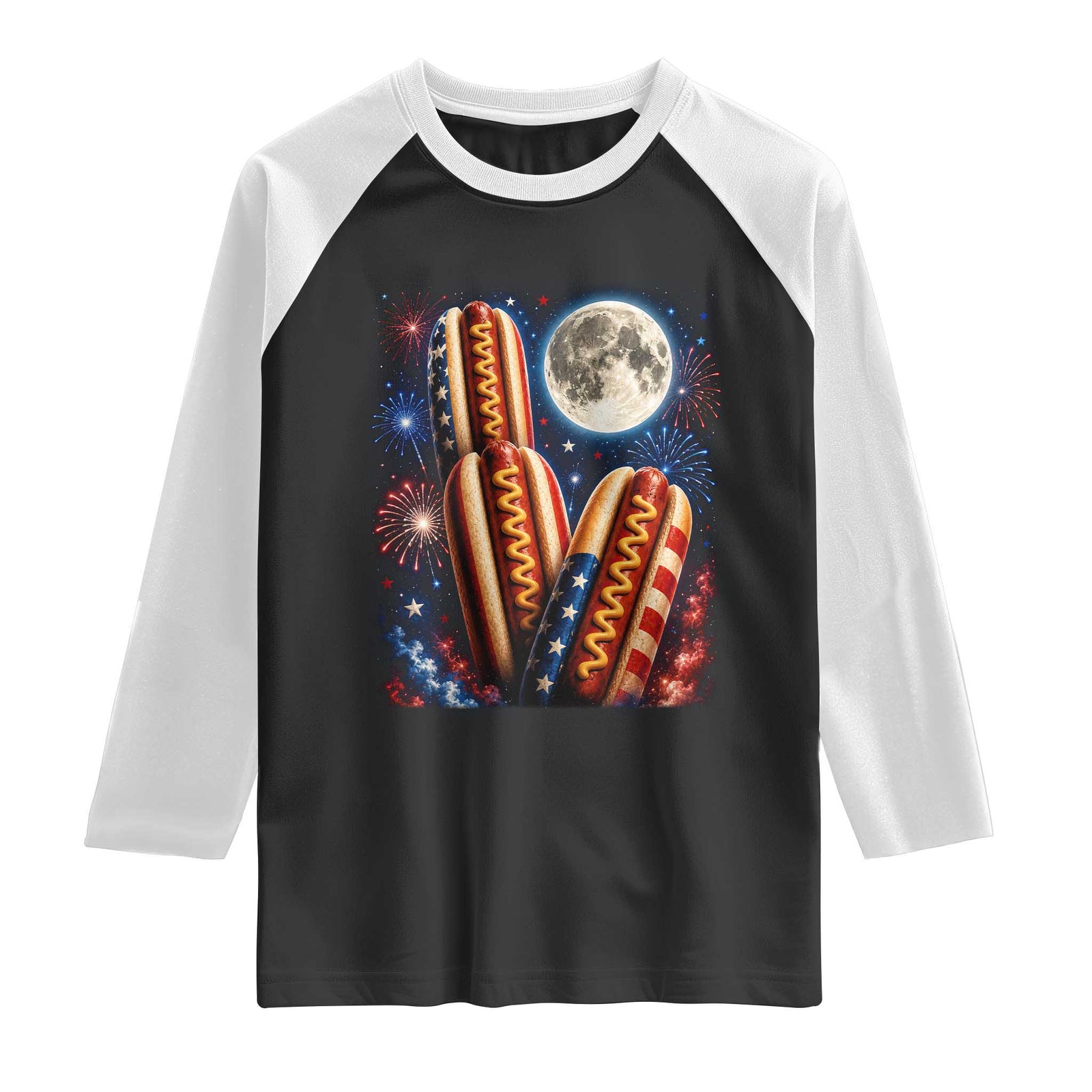 4th Of July Hotdog Fireworks Raglan Shirt American Food Lovers TS12 Black White Print Your Wear