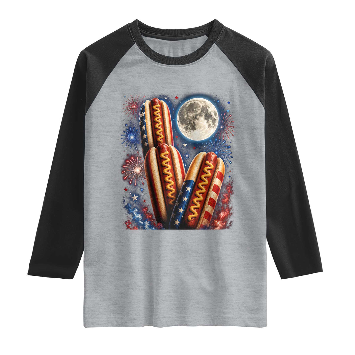 4th Of July Hotdog Fireworks Raglan Shirt American Food Lovers TS12 Heather Gray Black Print Your Wear