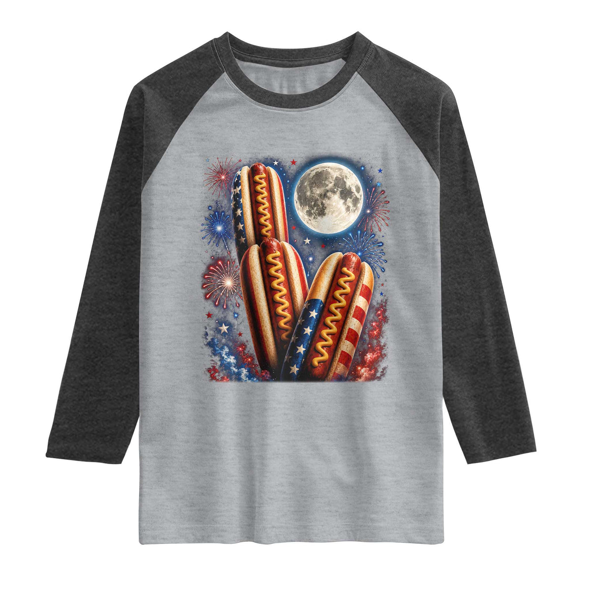 4th Of July Hotdog Fireworks Raglan Shirt American Food Lovers TS12 Heather Gray Heather Charcoal Print Your Wear