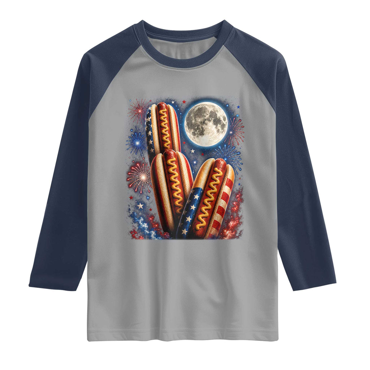 4th Of July Hotdog Fireworks Raglan Shirt American Food Lovers TS12 Sport Gray Navy Print Your Wear