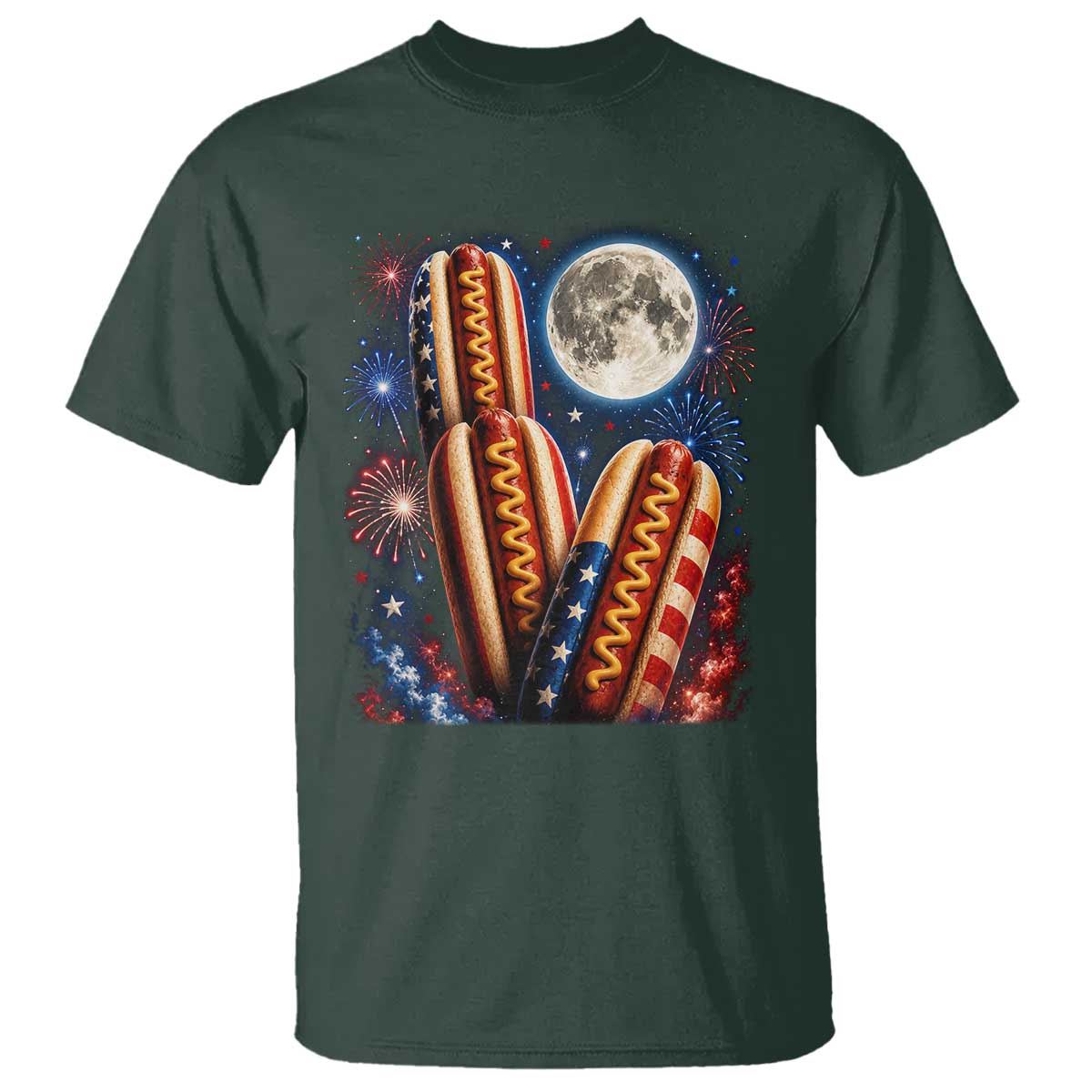 4th Of July Hotdog Fireworks T Shirt American Food Lovers TS12 Dark Forest Green Print Your Wear
