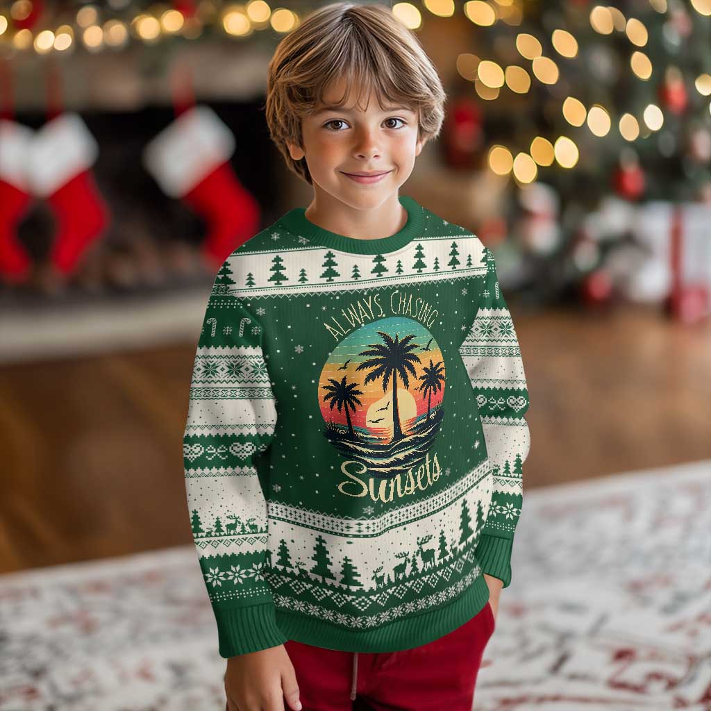 Vintage Always Chasing Sunsets Ugly Christmas Sweater Hawaiian Tropical Beach Graphic TS12 Forest Green Beige Print Your Wear