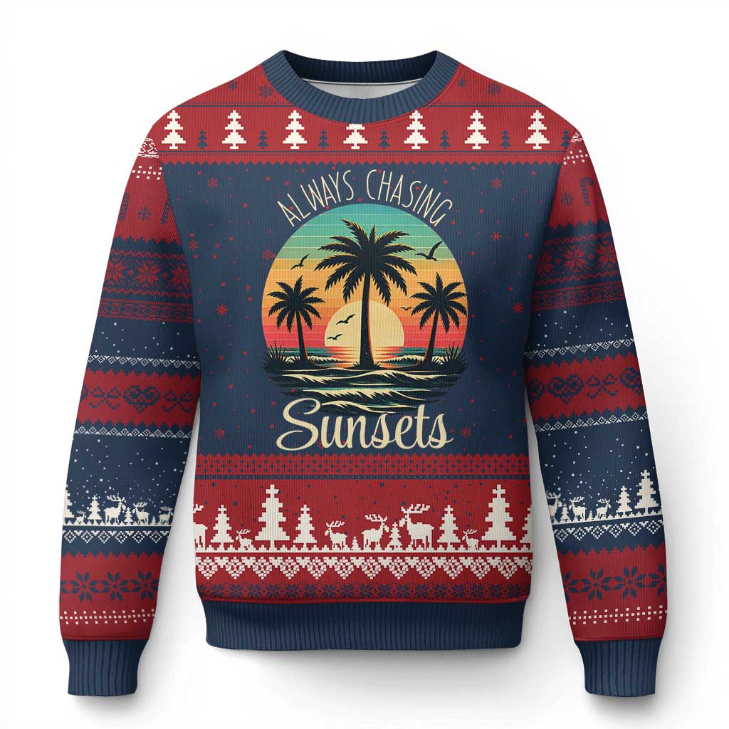 Vintage Always Chasing Sunsets Ugly Christmas Sweater Hawaiian Tropical Beach Graphic TS12 Navy Red Print Your Wear