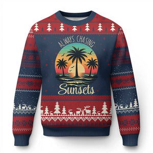 Vintage Always Chasing Sunsets Ugly Christmas Sweater Hawaiian Tropical Beach Graphic TS12 Navy Red Print Your Wear