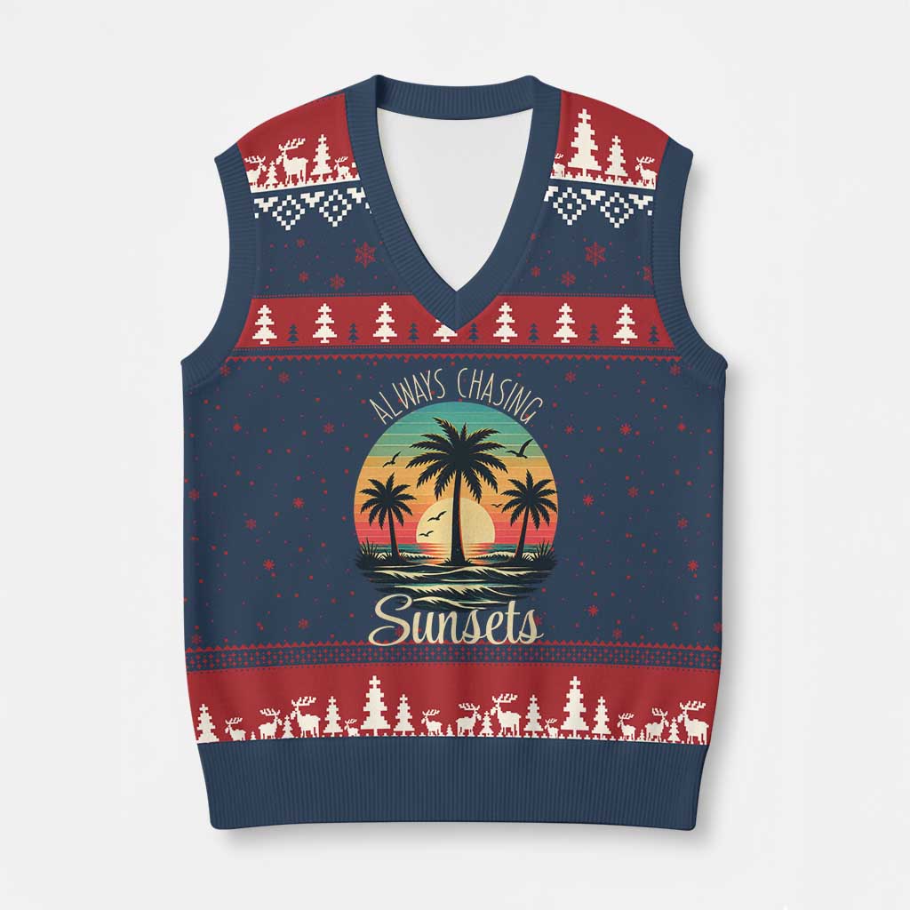 Vintage Always Chasing Sunsets V-Neck Knit Sweater Vest Hawaiian Tropical Beach Graphic