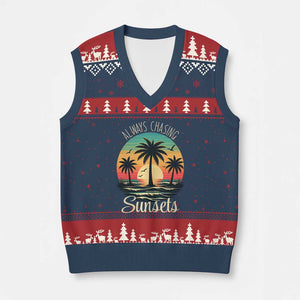 Vintage Always Chasing Sunsets V-Neck Knit Sweater Vest Hawaiian Tropical Beach Graphic
