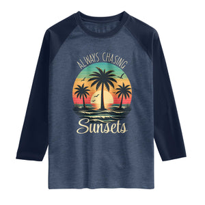 Vintage Always Chasing Sunsets Raglan Shirt Hawaiian Tropical Beach Graphic TS12 Heather Denim Navy Print Your Wear