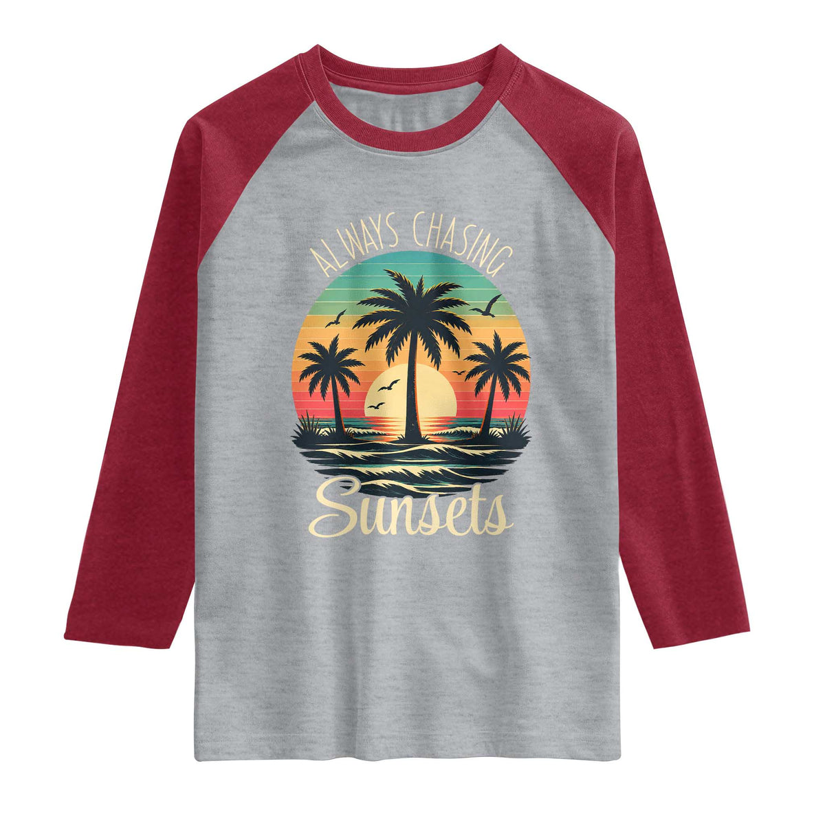 Vintage Always Chasing Sunsets Raglan Shirt Hawaiian Tropical Beach Graphic TS12 Heather Gray Heather Red Print Your Wear