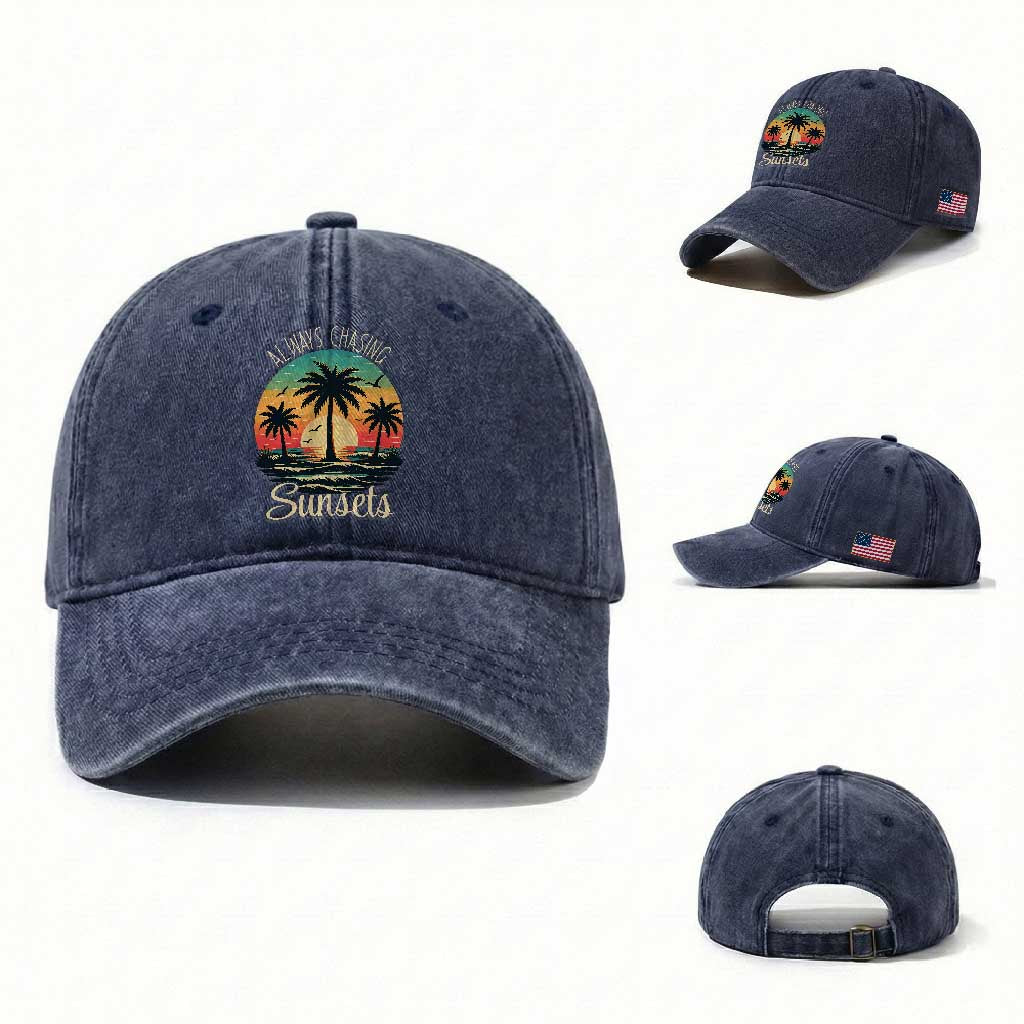 Vintage Always Chasing Sunsets Washed Cotton Baseball Cap Hawaiian Tropical Beach Graphic TS12 Washed Cap Universal Fit Navy Print Your Wear