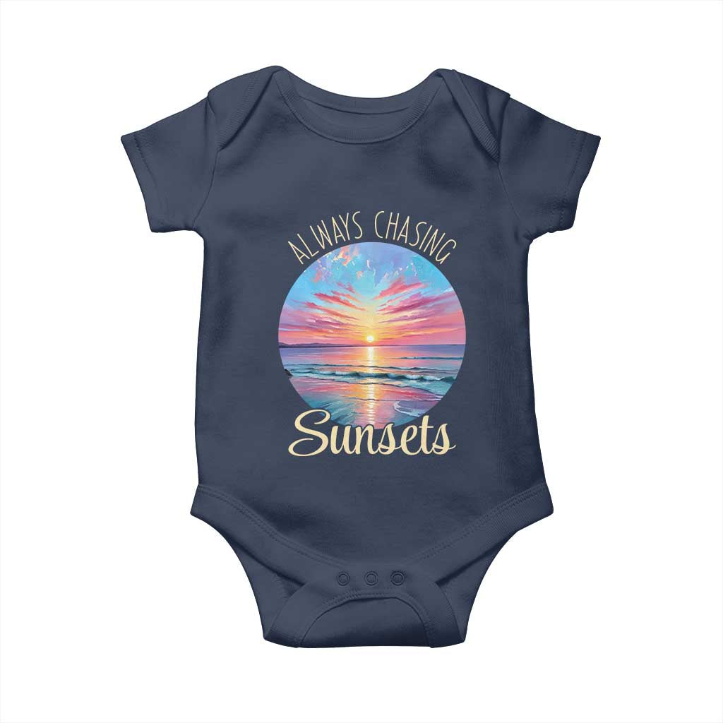 Always Chasing Sunsets Baby Onesie Summer Vacation Travel Gift TS12 Navy Print Your Wear