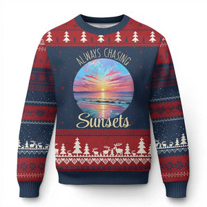 Always Chasing Sunsets Ugly Christmas Sweater Summer Vacation Travel Gift TS12 Navy Red Print Your Wear