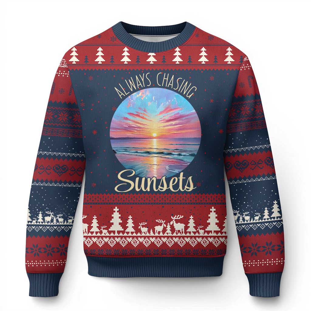 Always Chasing Sunsets Ugly Christmas Sweater Summer Vacation Travel Gift TS12 Navy Red Print Your Wear
