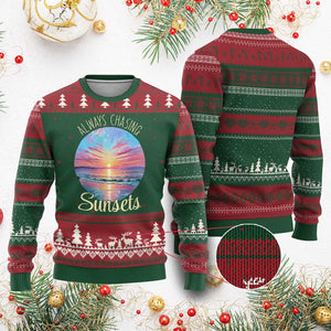 Always Chasing Sunsets Ugly Christmas Sweater Summer Vacation Travel Gift TS12 Red Green Print Your Wear