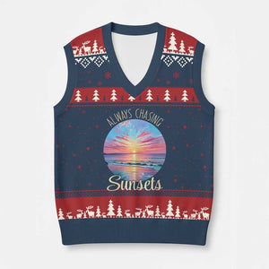 Always Chasing Sunsets V-Neck Knit Sweater Vest Summer Vacation Travel Gift TS12 Navy Red Print Your Wear