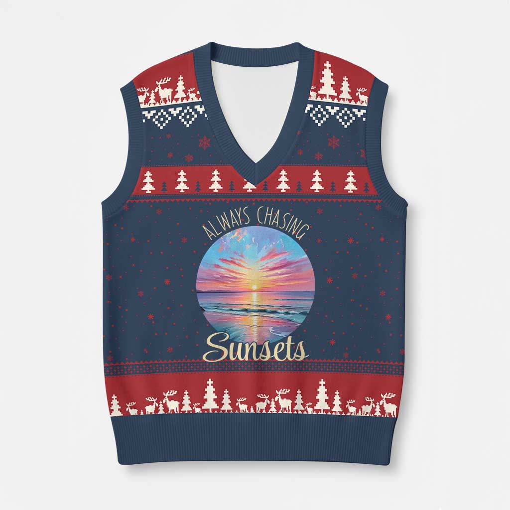 Always Chasing Sunsets V-Neck Knit Sweater Vest Summer Vacation Travel Gift TS12 Navy Red Print Your Wear
