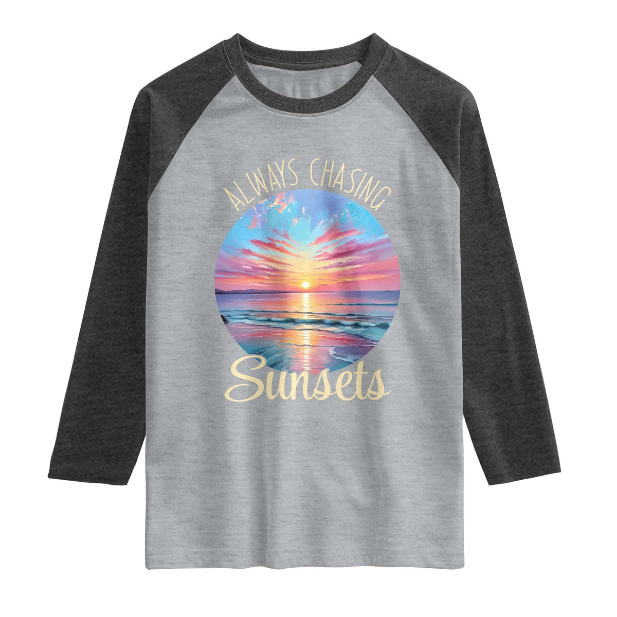 Always Chasing Sunsets Raglan Shirt Summer Vacation Travel Gift TS12 Heather Gray Heather Charcoal Print Your Wear