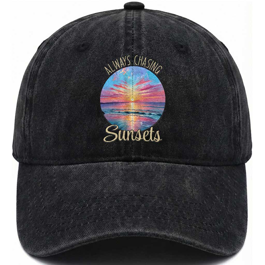 Always Chasing Sunsets Washed Cotton Baseball Cap Summer Vacation Travel Gift
