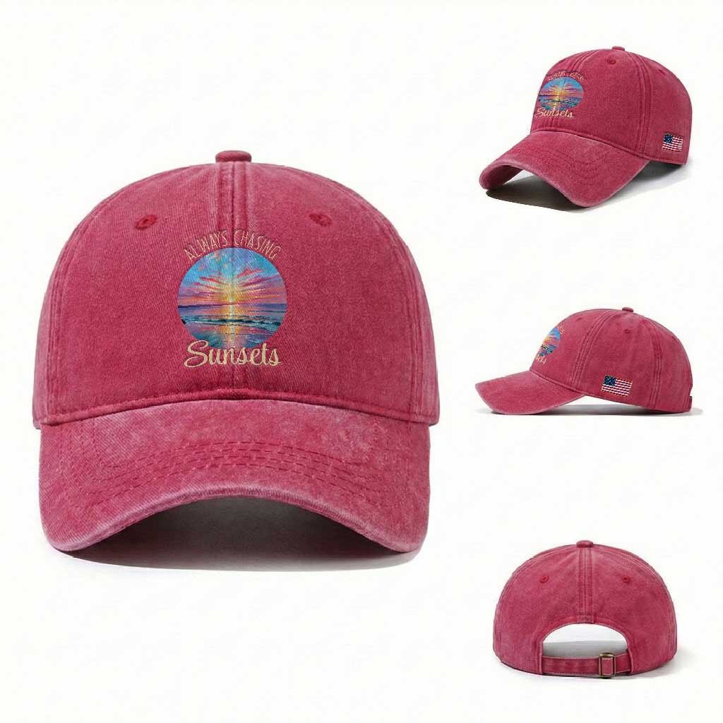 Always Chasing Sunsets Washed Cotton Baseball Cap Summer Vacation Travel Gift