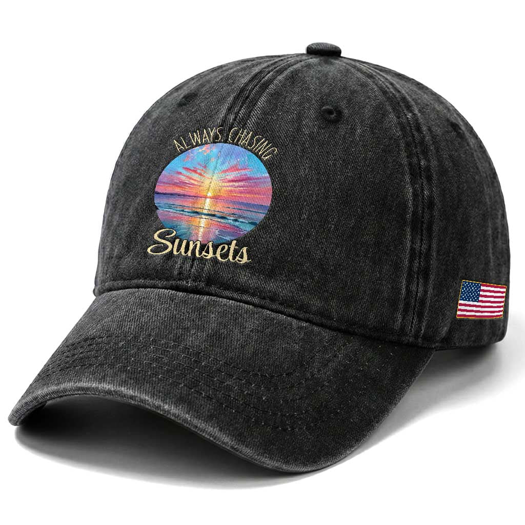 Always Chasing Sunsets Washed Cotton Baseball Cap Summer Vacation Travel Gift