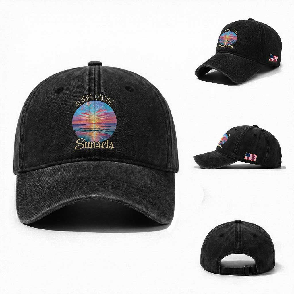 Always Chasing Sunsets Washed Cotton Baseball Cap Summer Vacation Travel Gift