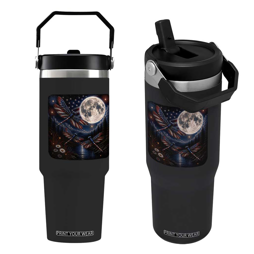 American Flag Dragonfly Patriotic 4th Of July Flip Straw Tumbler TS12 One Size: 30 oz Black Print Your Wear