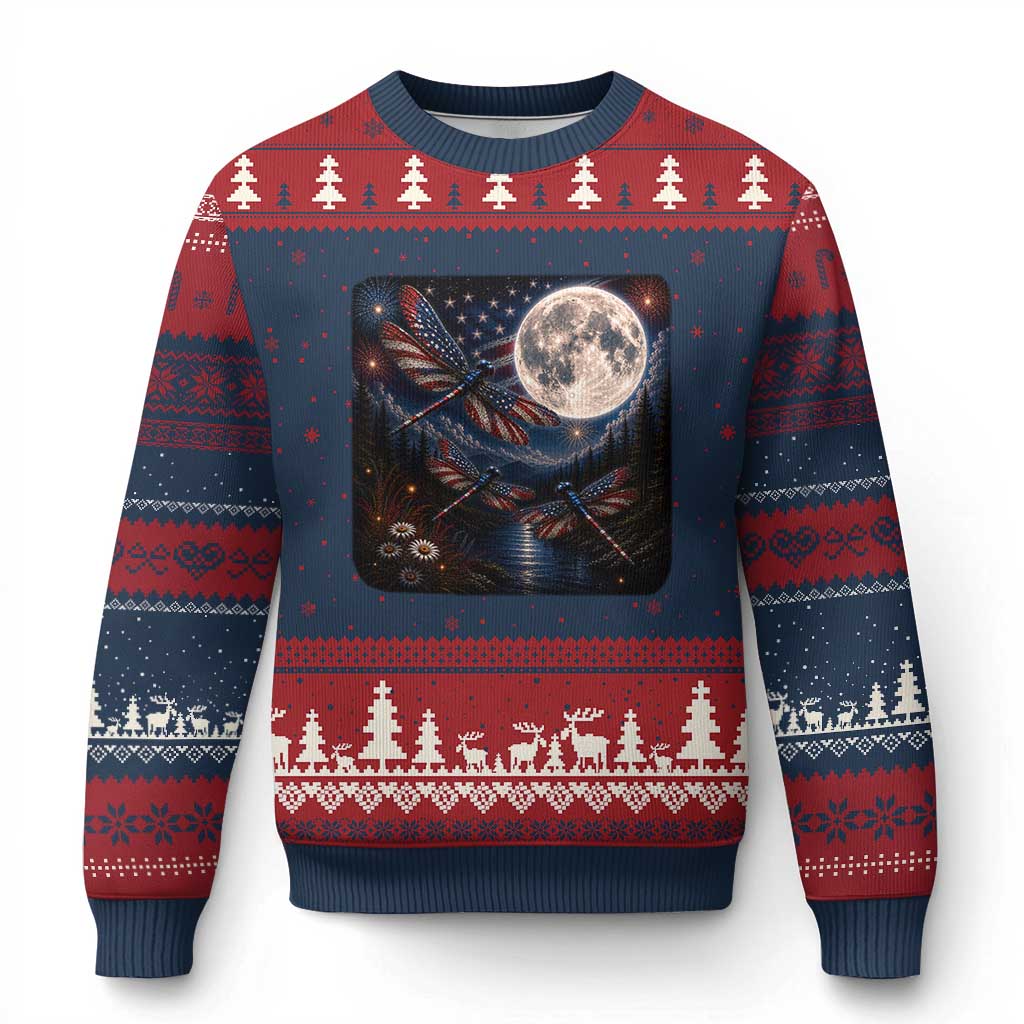American Flag Dragonfly Patriotic 4th Of July Ugly Christmas Sweater TS12 Navy Red Print Your Wear