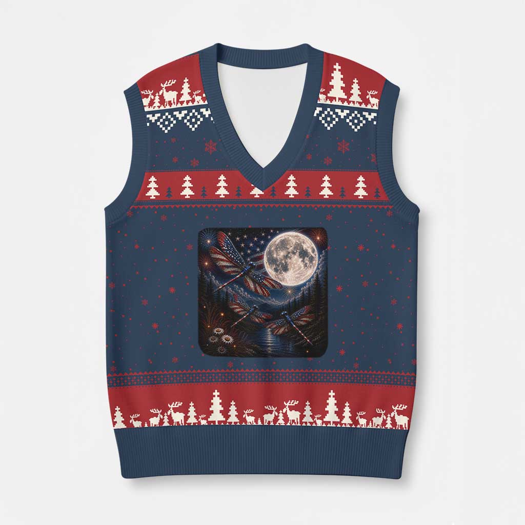 American Flag Dragonfly Patriotic 4th Of July V-Neck Knit Sweater Vest TS12 Navy Red Print Your Wear