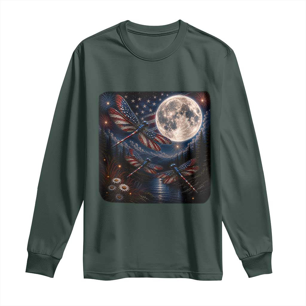 American Flag Dragonfly Patriotic 4th Of July Long Sleeve Shirt TS12 Dark Forest Green Print Your Wear