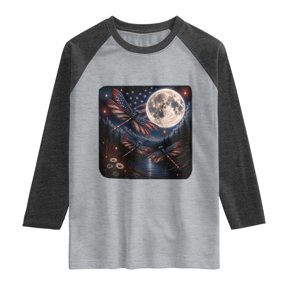 American Flag Dragonfly Patriotic 4th Of July Raglan Shirt TS12 Heather Gray Heather Charcoal Print Your Wear