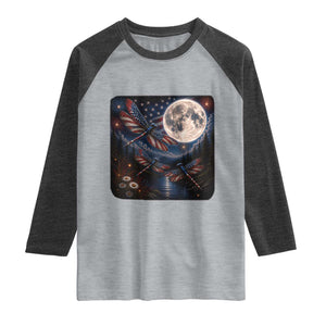 American Flag Dragonfly Patriotic 4th Of July Raglan Shirt TS12 Heather Gray Heather Charcoal Print Your Wear