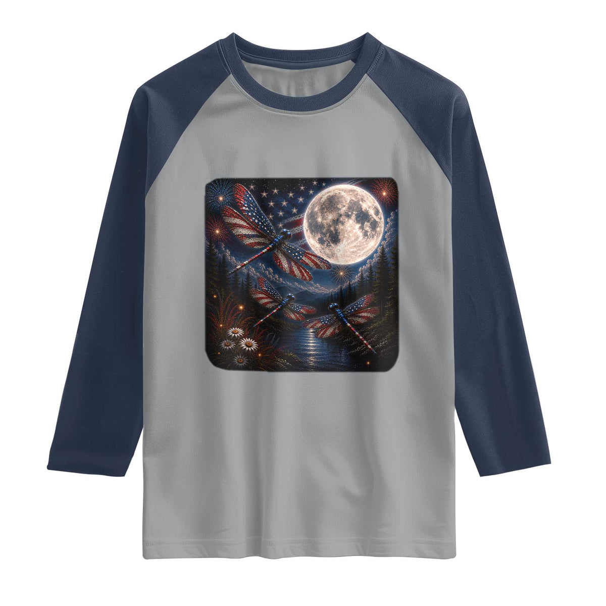 American Flag Dragonfly Patriotic 4th Of July Raglan Shirt TS12 Sport Gray Navy Print Your Wear