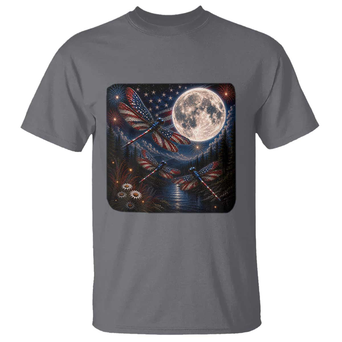 American Flag Dragonfly Patriotic 4th Of July T Shirt TS12 Charcoal Print Your Wear