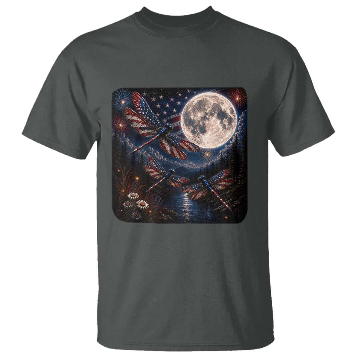 American Flag Dragonfly Patriotic 4th Of July T Shirt TS12 Dark Heather Print Your Wear