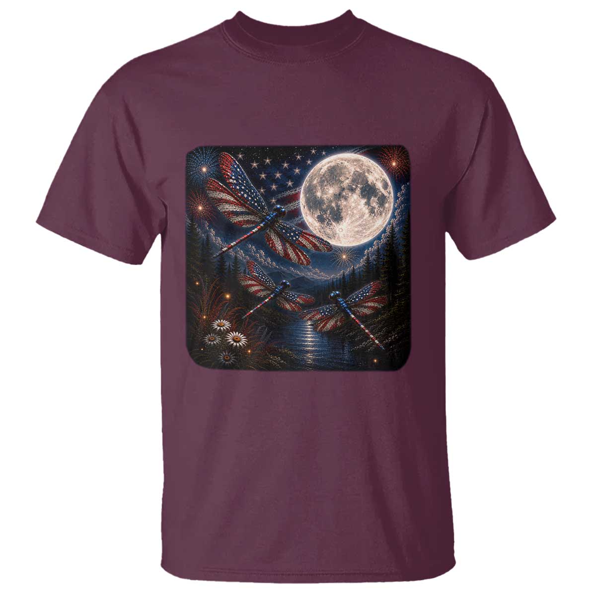 American Flag Dragonfly Patriotic 4th Of July T Shirt TS12 Maroon Print Your Wear