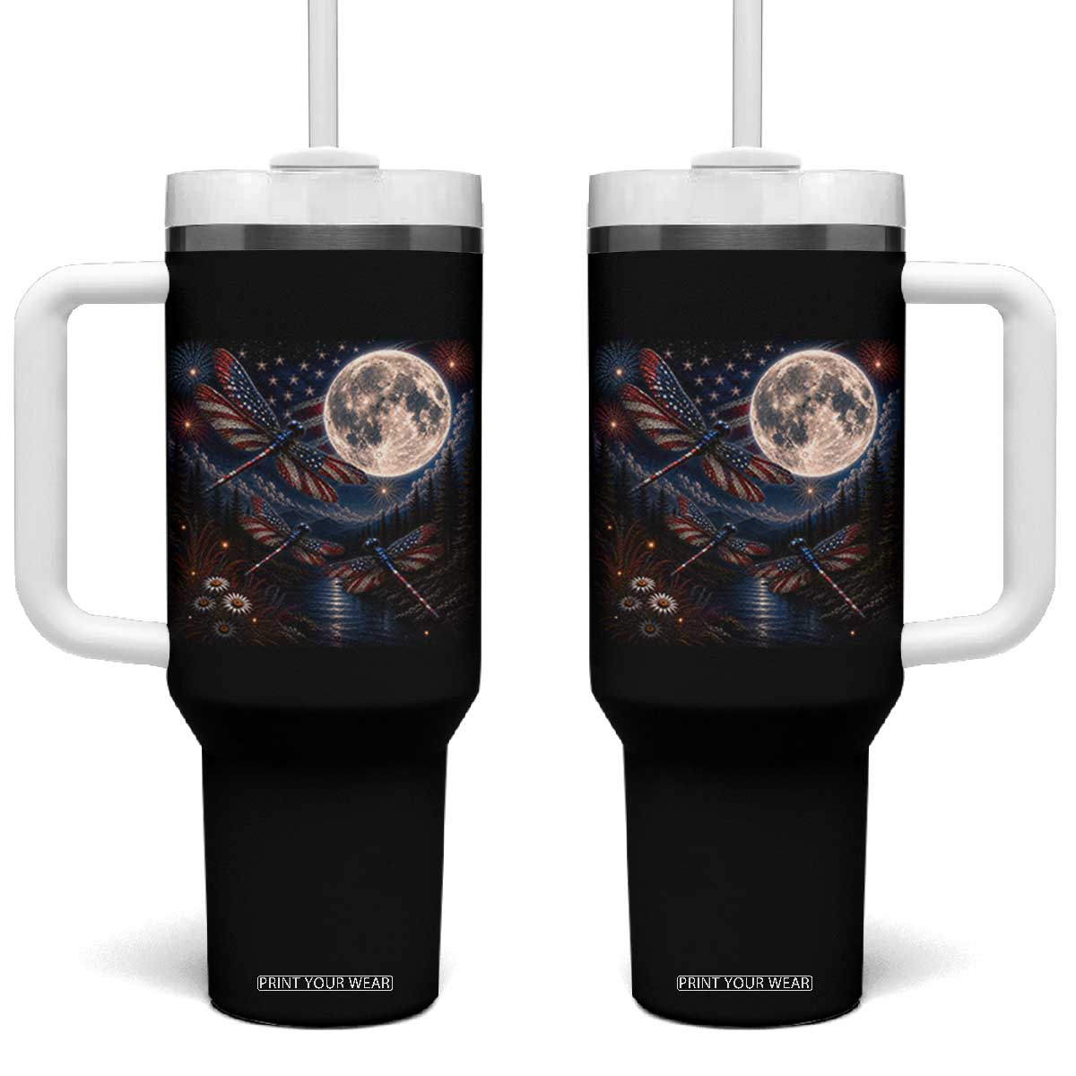 American Flag Dragonfly Patriotic 4th Of July Tumbler With Handle TS12 One Size: 40 oz Black Print Your Wear