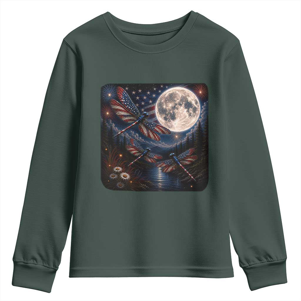 American Flag Dragonfly Patriotic 4th Of July Youth Sweatshirt TS12 Dark Forest Green Print Your Wear