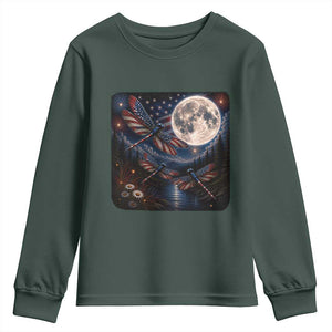 American Flag Dragonfly Patriotic 4th Of July Youth Sweatshirt TS12 Dark Forest Green Print Your Wear