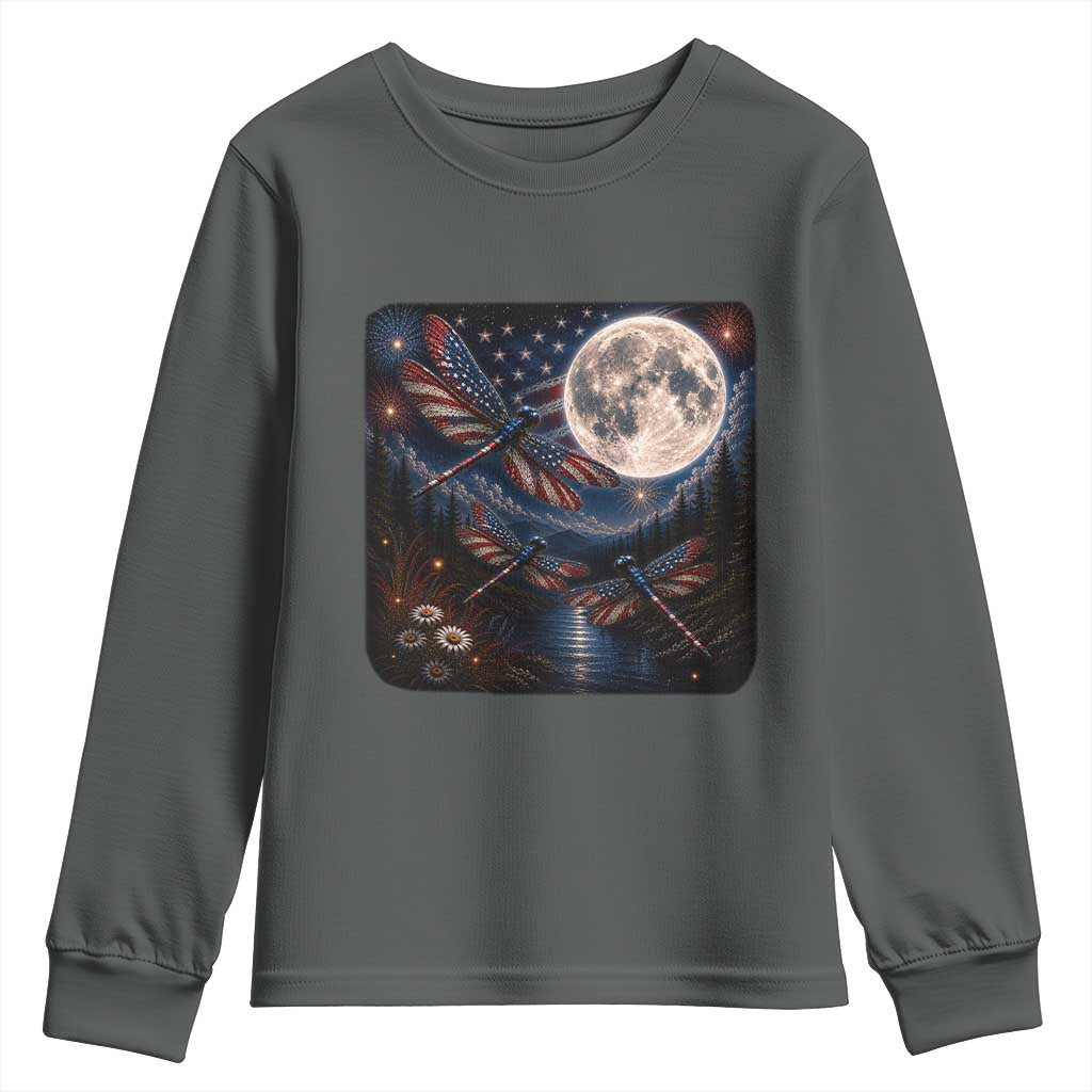 American Flag Dragonfly Patriotic 4th Of July Youth Sweatshirt TS12 Dark Heather Print Your Wear