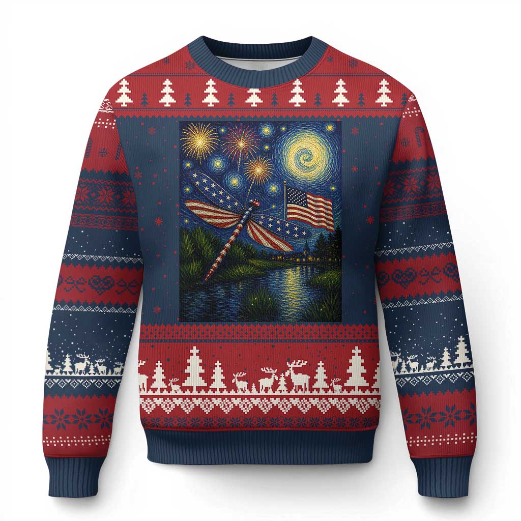 Patriotic Dragonfly Starry Night Swirls Ugly Christmas Sweater Nature Lovers TS12 Navy Red Print Your Wear