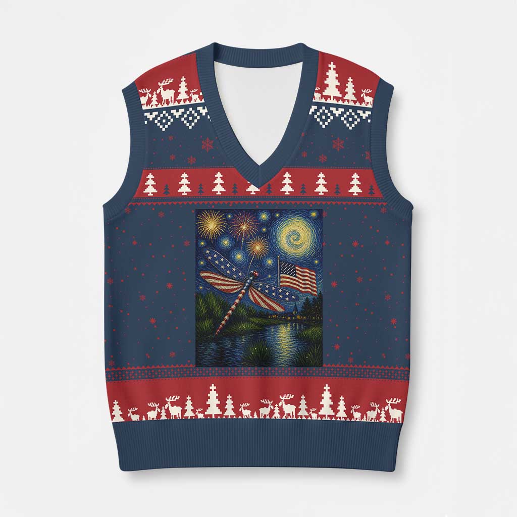 Patriotic Dragonfly Starry Night Swirls V-Neck Knit Sweater Vest Nature Lovers TS12 Navy Red Print Your Wear