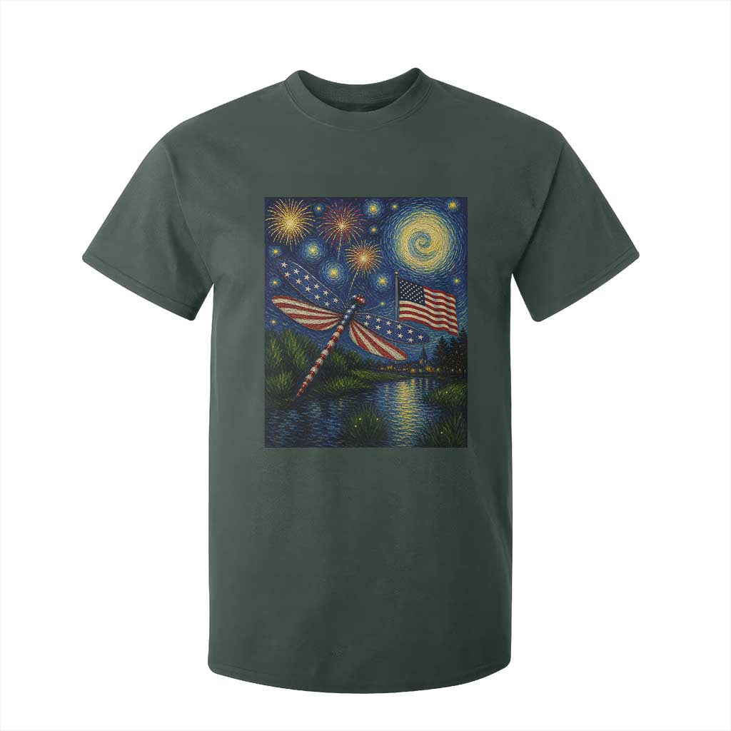 Patriotic Dragonfly Starry Night Swirls T Shirt For Kid Nature Lovers TS12 Dark Forest Green Print Your Wear