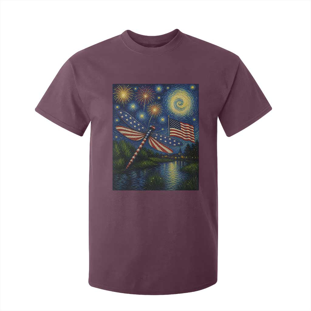 Patriotic Dragonfly Starry Night Swirls T Shirt For Kid Nature Lovers TS12 Maroon Print Your Wear