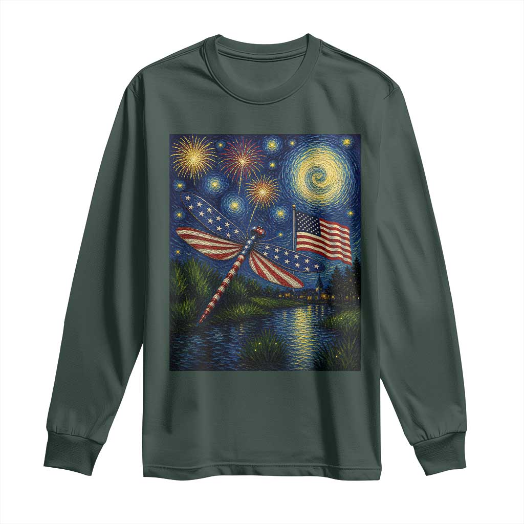 Patriotic Dragonfly Starry Night Swirls Long Sleeve Shirt Nature Lovers TS12 Dark Forest Green Print Your Wear